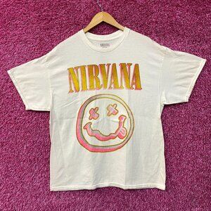 Nirvana Nevermind Smiley Logo Grunge Band T-Shirt Large